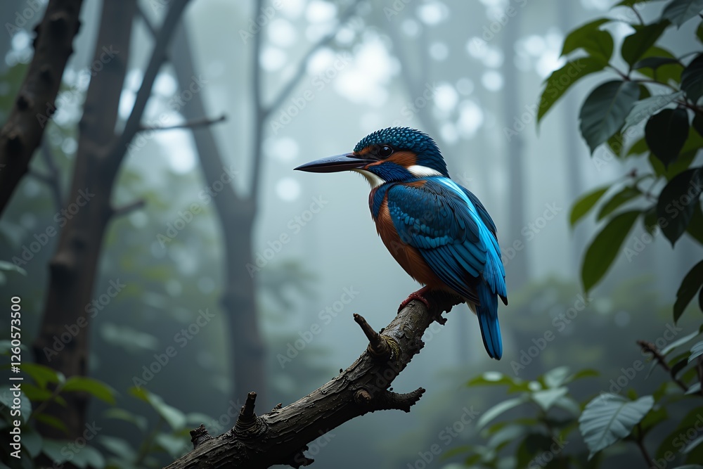 Obraz premium Vibrant Blue Kingfisher Perched on Branch in Misty Forest
