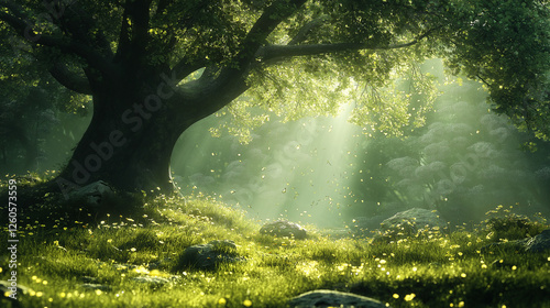  Enchanted ancient tree bathed in golden sunlight with floating petals, perfect for fantasy book covers, meditation visuals, and nature-inspired storytelling photo