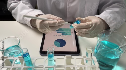 Scientist writing laboratory research science chemistry medical experiment result in tablet