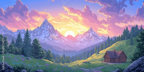 Pixel Art Tranquil Mountain Landscape with Cabin and Vibrant Sunset Scenery
