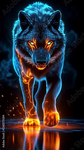 fiery wolf prowling forward with glowing flames, designed for AMOLED-friendly mobile live wallpapers, creating a powerful and dynamic visual effect.