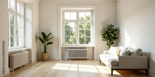 Bright and airy living room with large window, hardwood floors, and comfortable sofa