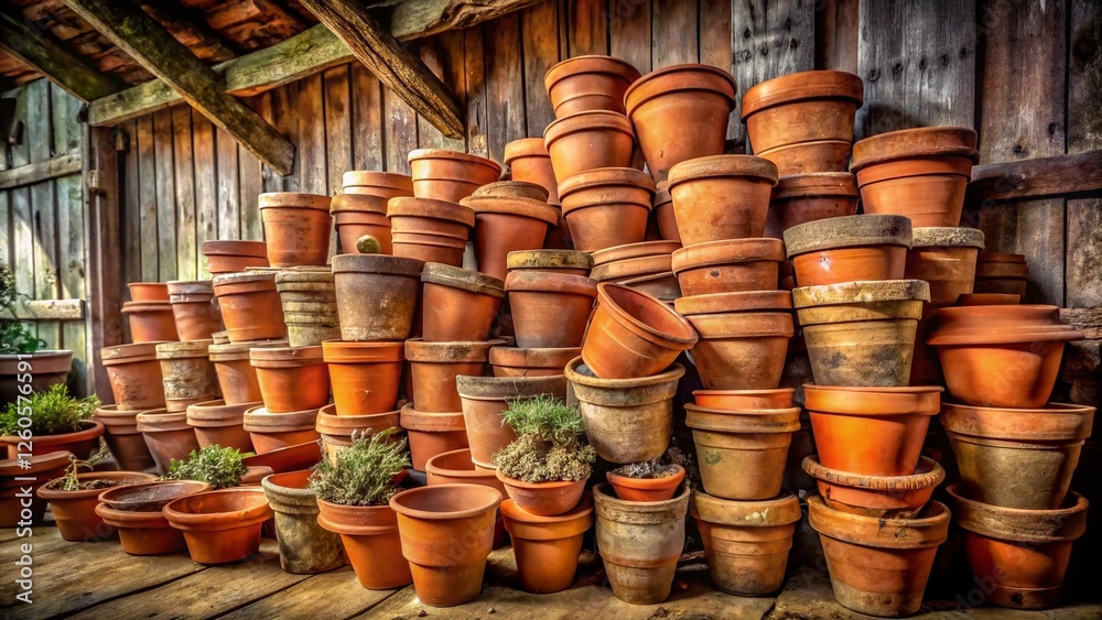 Rustic Terracotta Pots Stacked in Shed - Copy Space for Text or Design - Stock Photo Rustic Terracotta Pots Stacked in Shed - Copy Space for Text or Design - Stock Photo