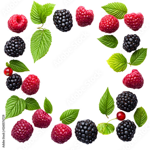 Raspberries and blackberries arranged in a frame shape with leaves