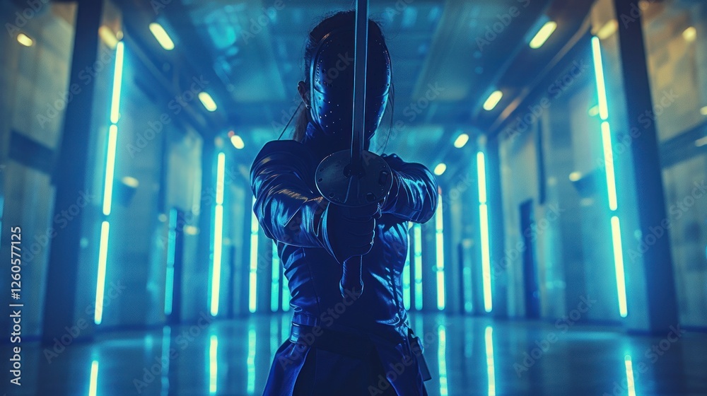 An athlete practicing fencing in a brightly lit training room, demonstrating agility and focus. An athlete practicing fencing in a brightly lit training room, demonstrating agility and focus.
