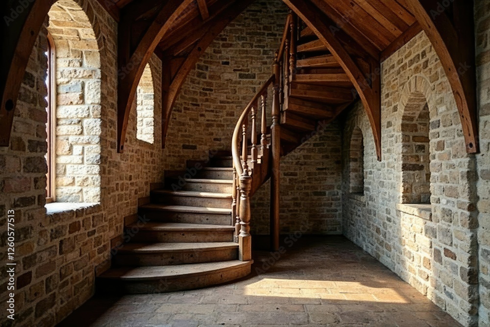 Narrow spiral staircase winding up to the loft, loft, loft staircase wooden beams vaulted ceiling stone pillars rustic church, wooden Narrow spiral staircase winding up to the loft, loft, loft staircase wooden beams vaulted ceiling stone pillars rustic church, wooden