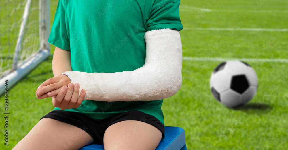 Close-up of a child soccer player suffering from a broken hand with a cast on the field Close-up of a child soccer player suffering from a broken hand with a cast on the field