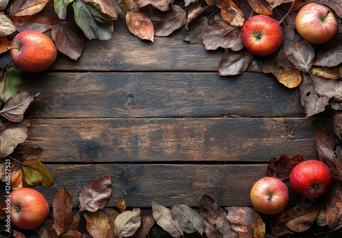 Fototapeta Naklejka Na Ścianę i Meble -  Fresh Red Apples Surrounded by Autumn Leaves on Rustic Wooden Background Ideal for Seasonal and Harvest Themes in Marketing and Design Projects