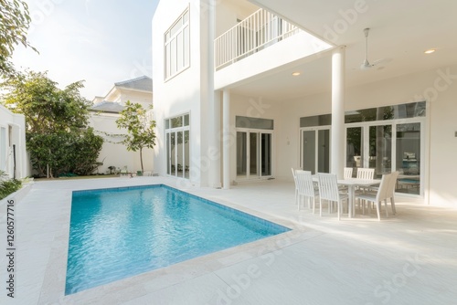 The design of a house or home building, both exterior and interior, is highlighted in a tropical pool villa with a green garden and a bedroom