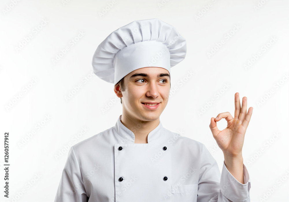 Chef cooking gesture with hand sign in white uniform and hat Chef cooking gesture with hand sign in white uniform and hat