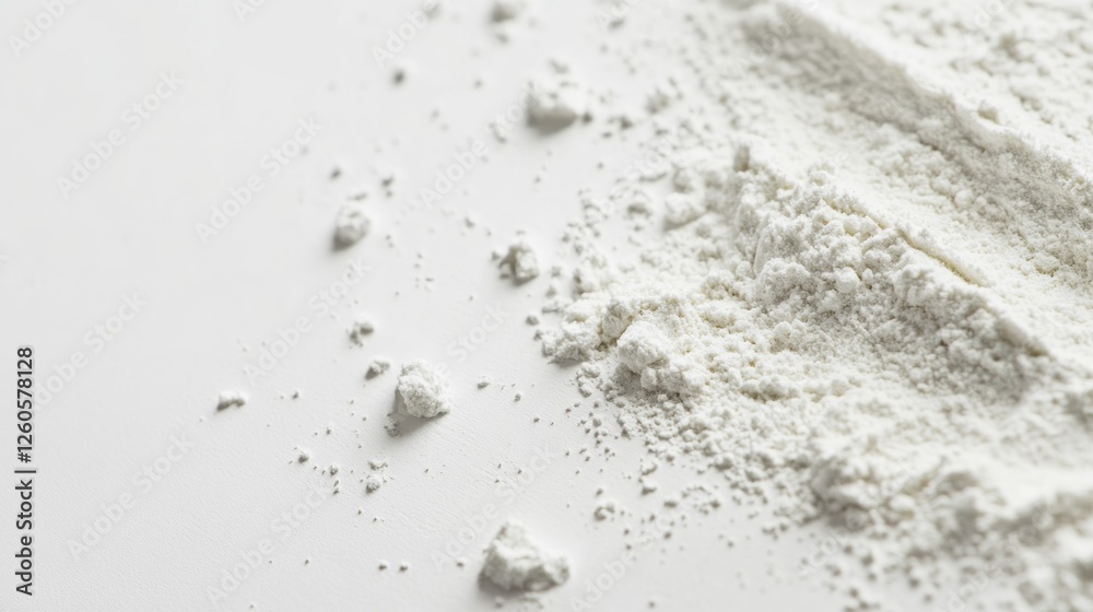 Close-up of white flour on a white surface. Possible use food product, cooking, baking Close-up of white flour on a white surface. Possible use food product, cooking, baking