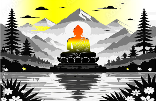 illustration vasek day budha tree lotus flower water cloud light mountain landscape