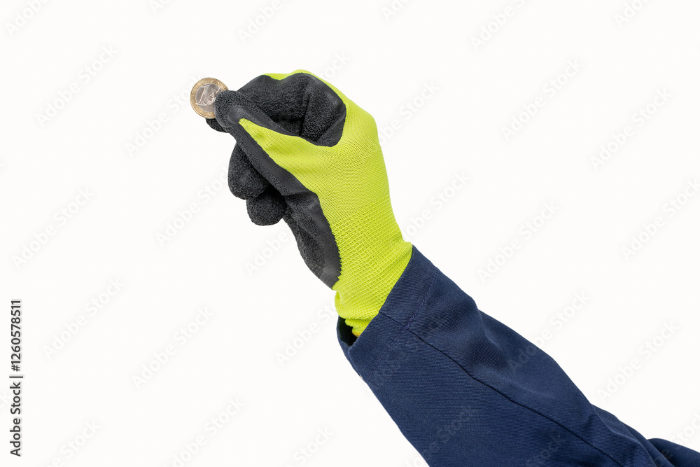 Shot of an handyman hand putting an euro coin with yellow and dark black glove isolated on a white background Shot of an handyman hand putting an euro coin with yellow and dark black glove isolated on a white background