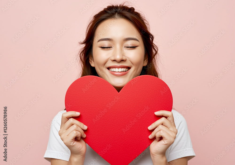 Heart with happy woman holding red love symbol showing joy and positivity Heart with happy woman holding red love symbol showing joy and positivity