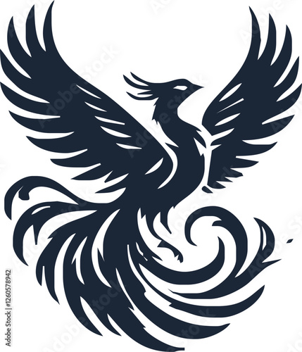 Phoenix. Vector illustration of fire bird in tattoo style. Logo for a sports team or fashionable clothes. Mythical symbol of freedom, rebirth and rising. Phoenix emblem