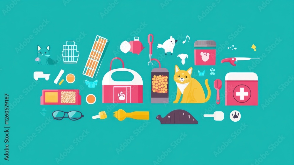Diverse collection of pet supplies and accessories in a flat design style Diverse collection of pet supplies and accessories in a flat design style