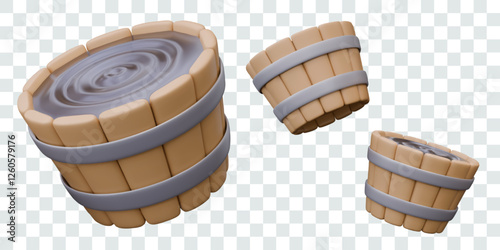 Wooden barrel with water. Round realistic sauna bathtub for soaking, bathing, relaxation procedures