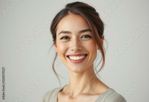 Photorealistic portrait of a laughing female person