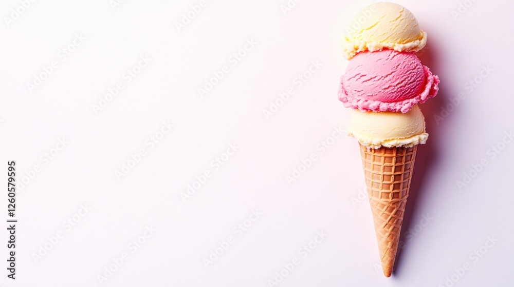 Triple Scoop Ice Cream Cone with Yellow Vanilla, Pink Strawberry, and Creamy White Flavor on a Soft Background Triple Scoop Ice Cream Cone with Yellow Vanilla, Pink Strawberry, and Creamy White Flavor on a Soft Background