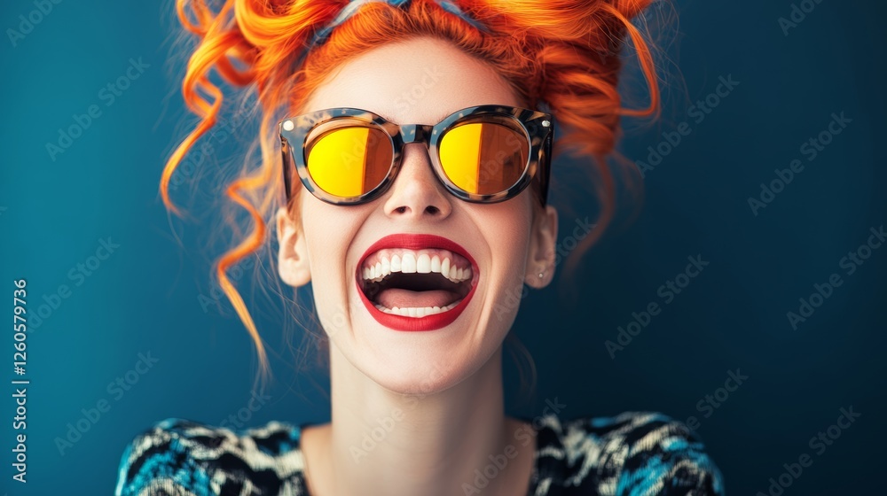 Woman with orange hair and sunglasses on a blue background. She is smiling and laughing. The sunglasses are cat-eye style Woman with orange hair and sunglasses on a blue background. She is smiling and laughing. The sunglasses are cat-eye style