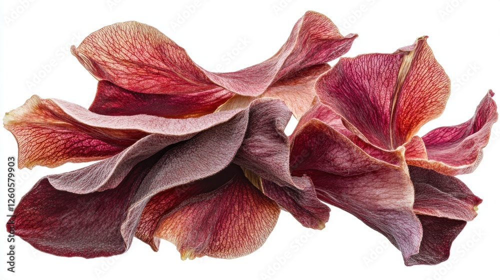 Textured Herbage Leaves with Red and Purple Hues Arranged Artistically on a White Background Textured Herbage Leaves with Red and Purple Hues Arranged Artistically on a White Background