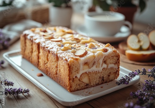 Freshly Baked Almond Cake with Lavender Garnish on Wooden Table with Coffee Cup and Sliced Apples in Background
