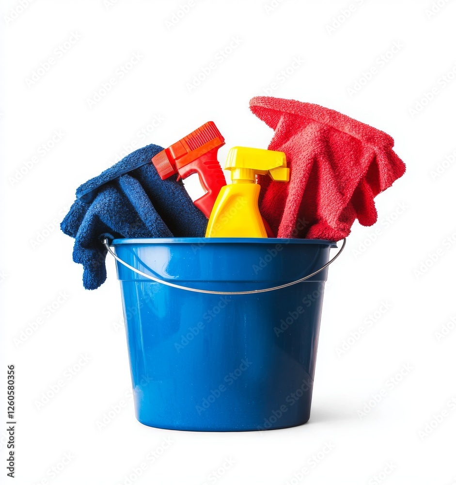A white background features a plastic bucket containing various cleaning products A white background features a plastic bucket containing various cleaning products