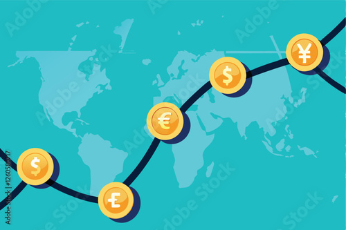 Create a vibrant illustration depicting diverse global currencies (USD, EUR, JPY, GBP, CNY) interconnected, symbolizing global economic cooperation and interdependence.