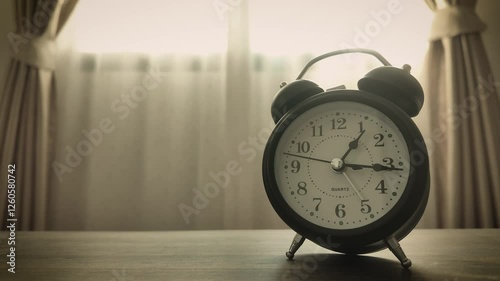 4K Timelapse of Black alarm clock in house with curtain background and soft sunlight, vintage style. Time moves quickly, working hours, and management time concept.