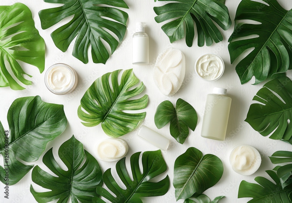 Tropical spa products arranged on white surface with lush leaves