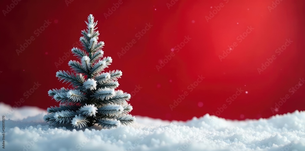 Snowflake Christmas tree amidst a blanket of fresh white snow on a deep crimson background, winter landscape, winter Snowflake Christmas tree amidst a blanket of fresh white snow on a deep crimson background, winter landscape, winter