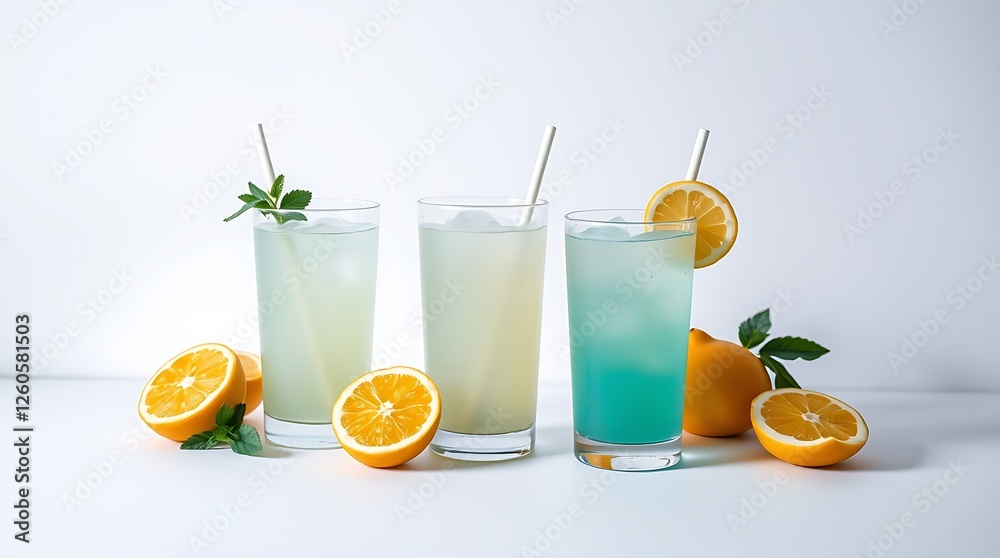 Fototapeta premium Set of different lemonade drinks made with soda water on white background
