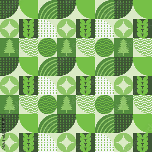 Green geometric mosaic seamless pattern illustration. Eco friendly modern shape texture, geometry collage for eco packaging design concept. minimalist environmental theme background