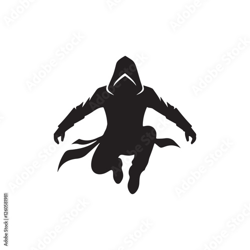 Hooded assassin jumping silhouette