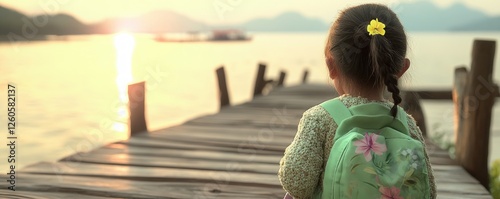 Embark on a poignant journey with this evocative image, a symbolic journey from trauma to healing, illustrated through powerful imagery depicting a young girl standing on a dock, gazing towards a photo