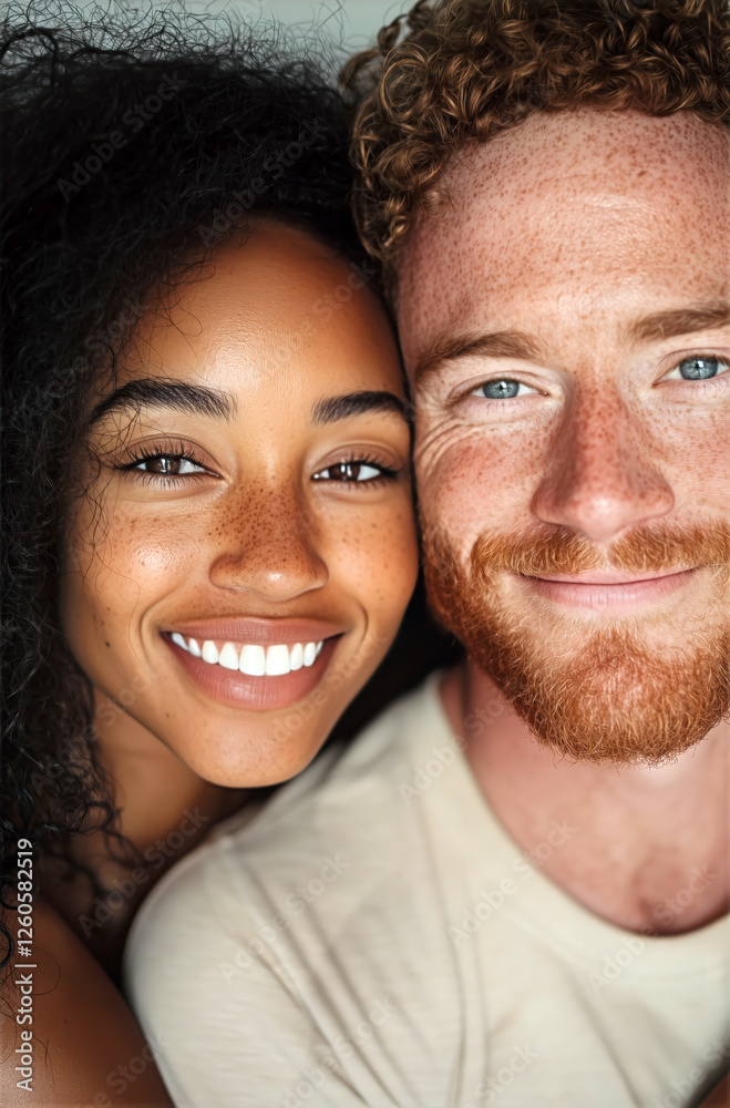Smiling interracial couple embracing each other, romantic and joyful portrait of young lovers Smiling interracial couple embracing each other, romantic and joyful portrait of young lovers
