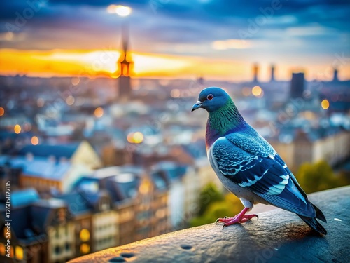 Serene City Pigeon: Tilt-Shift Skyline Bird Photography photo