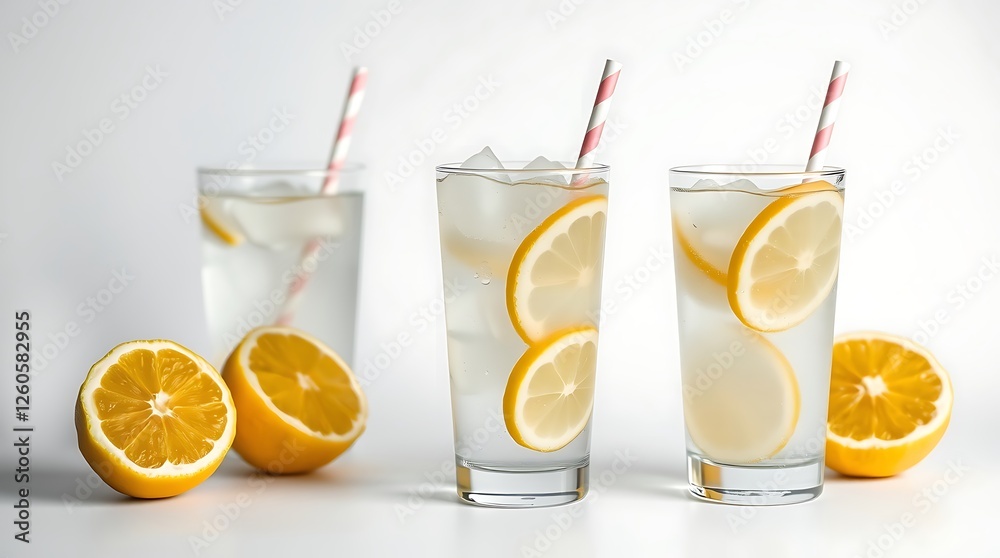 Set of different lemonade drinks made with soda water on white background Set of different lemonade drinks made with soda water on white background