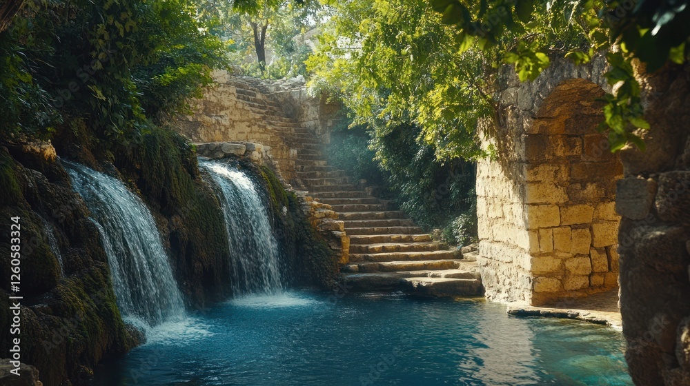 Fototapeta premium Serene Waterfall Oasis Steps Garden