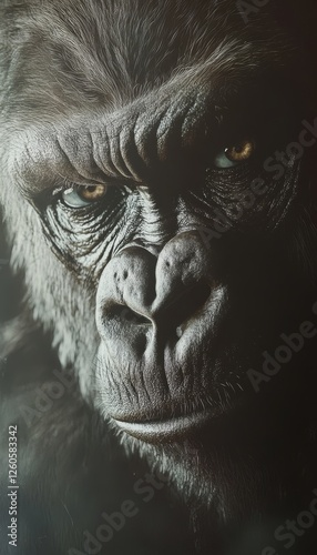 Close up of a silverback gorilla s features with a soft blurred background for dramatic effect photo
