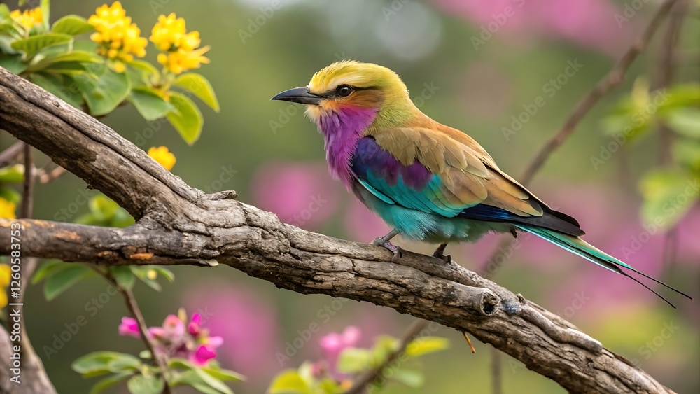 Fototapeta premium A colorful lilac-breasted roller perches on a branch, its vibrant plumage a beautiful sight in the wild