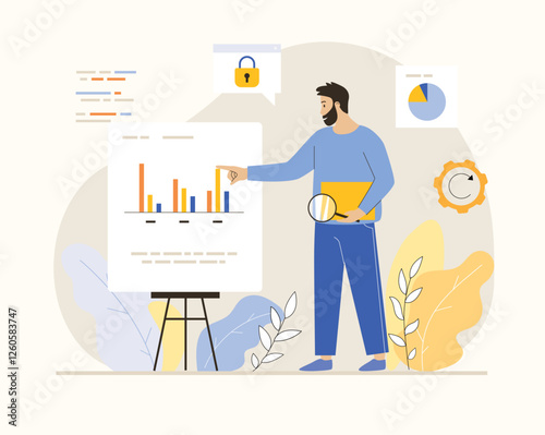 Financial data analysis, analytics concept. Man analyzes graphs, charts, business dashboard, prepares a report. Flat vector illustration.