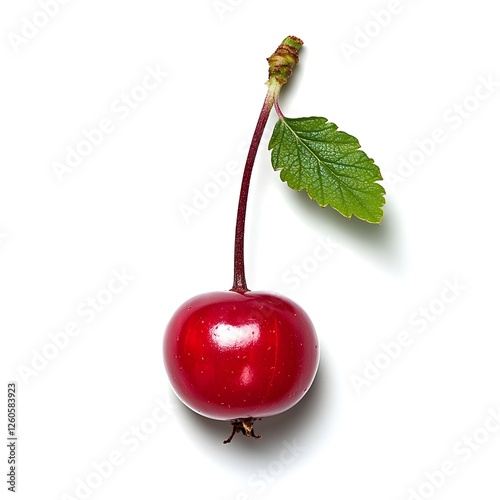 A single red berry with a green leaf attached, showcasing a glossy surface against a plain background.