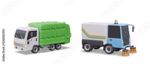 Realistic garbage truck, cleaning machine. Street vacuum cleaner. Municipal equipment, communal services. Isolated detailed templates of industrial vehicles