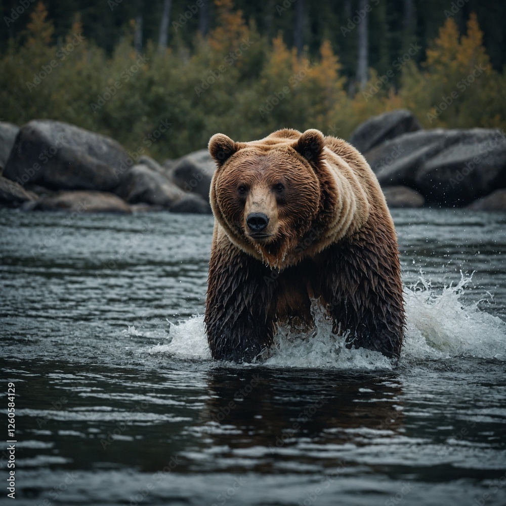 Capture a bear fishing, highlighting its focus and power. Capture a bear fishing, highlighting its focus and power.