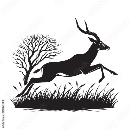 Antelope leaping across grass Silhouette Vector Illustration, Solid White Background.