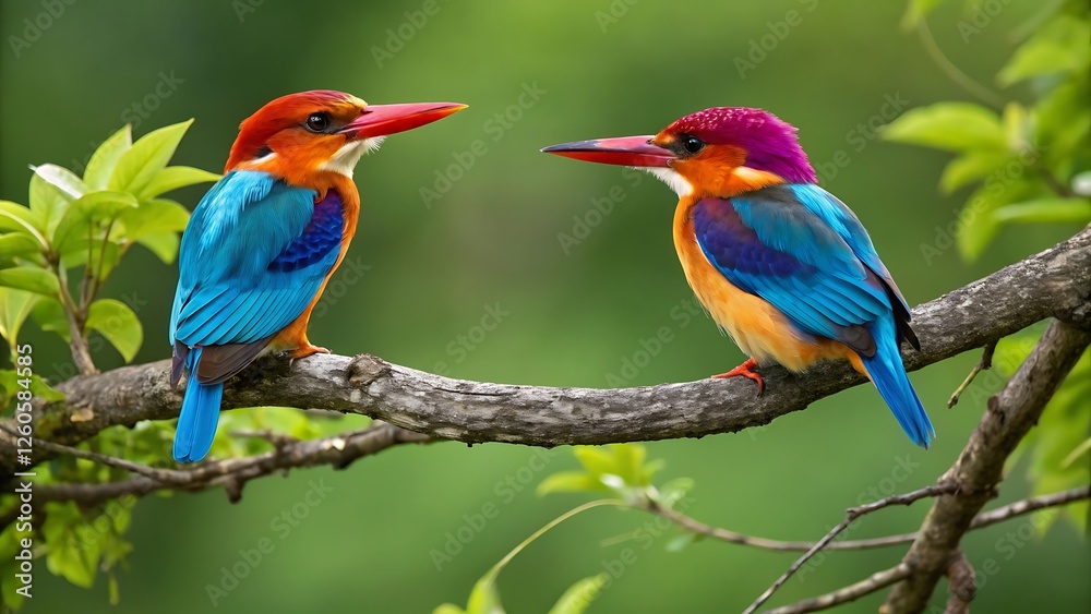 Obraz premium A pair of colorful blue and yellow macaw parrots perched on a branch in the wild, showcasing their vibrant feathers and exotic beauty