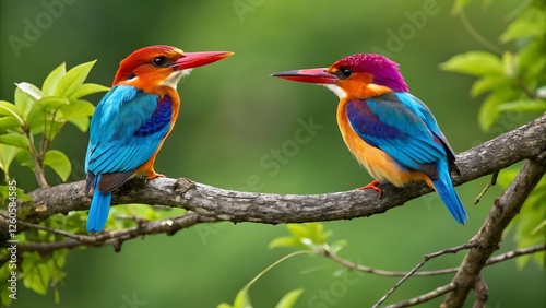 A pair of colorful blue and yellow macaw parrots perched on a branch in the wild, showcasing their vibrant feathers and exotic beauty photo