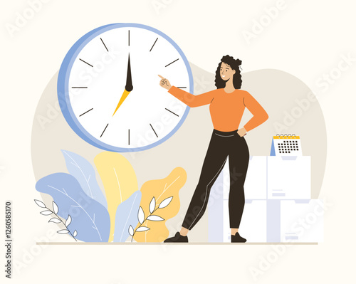 Time management concept. Woman with a big clock, controls time and project management. Completing tasks on time.  Flat vector illustration.