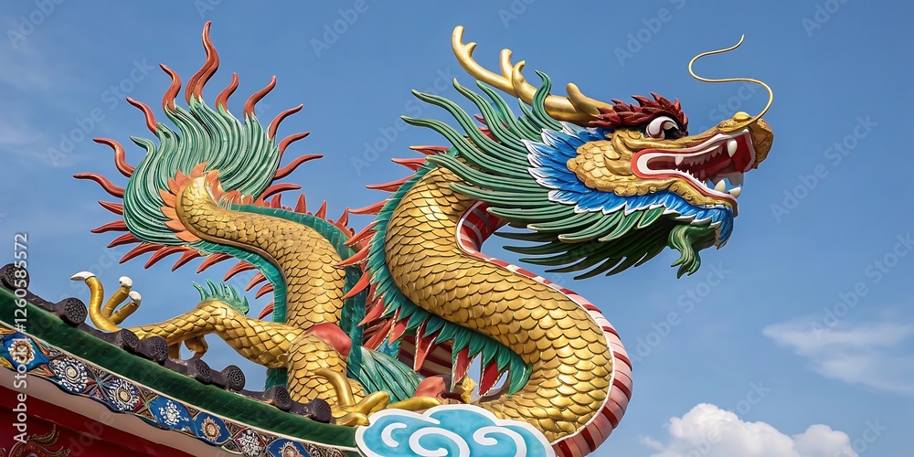 Golden Dragon Statue in Temple with Oriental Architecture and Traditional Art Symbolizing Power and Culture in Thailand Golden Dragon Statue in Temple with Oriental Architecture and Traditional Art Symbolizing Power and Culture in Thailand